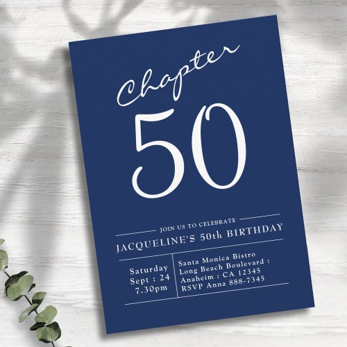50th Birthday White Blue Chapter 50 Invitation