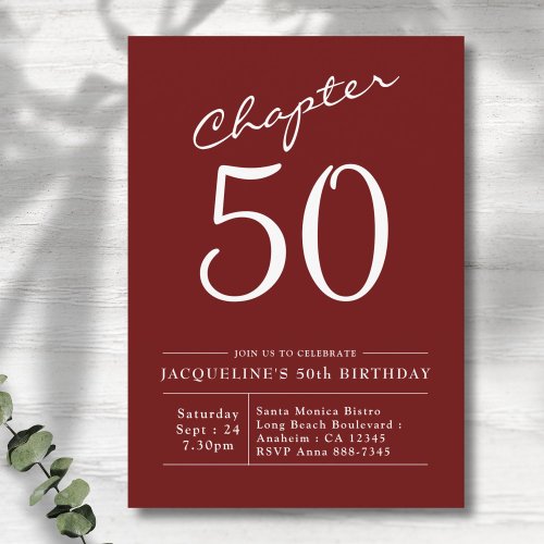 50th Birthday White Burgundy Chapter 50 Invitation