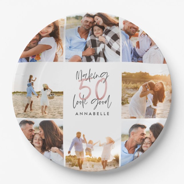 50th birthday white girly glitter photo collage  paper plates (Front)