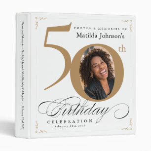 50th Birthday White Gold Calligraphy Elegant Photo 3 Ring Binder