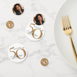 50th Birthday White Gold Elegant Calligraphy Chic Confetti