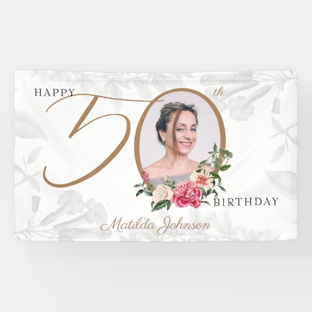 50th Birthday White Gold Floral Photo Welcome Banner (Horizontal)