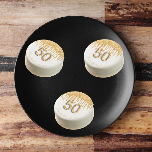 50th birthday white gold glitter balloon style chocolate covered oreo