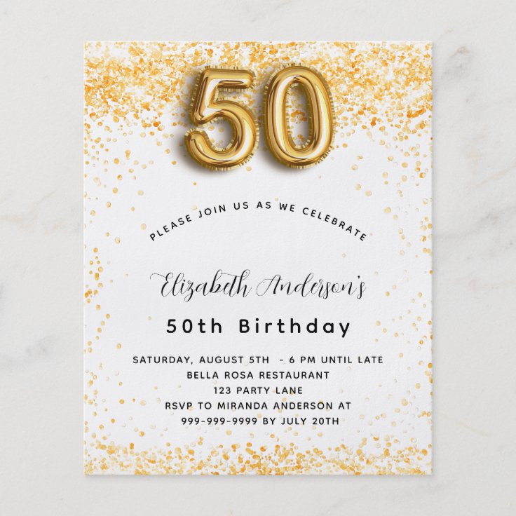 50th birthday white gold glitter budget invitation flyer | Zazzle