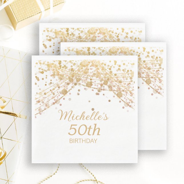 50th Birthday White Gold Glitter String Lights Napkins (Creator Uploaded)
