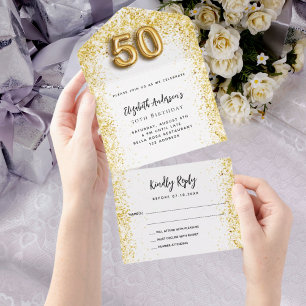 50th birthday white gold party RSVP All In One Invitation