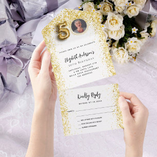 50th birthday white gold photo party RSVP All In One Invitation