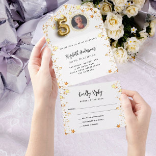 50th birthday white gold stars photo party RSVP All In One Invitation