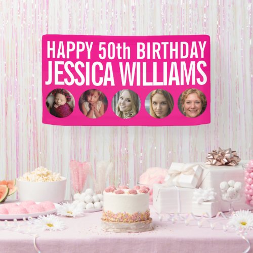 50th Birthday white pink five photo circles Banner