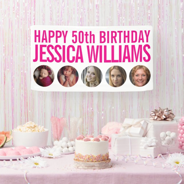 50th Birthday white pink five photo circles Banner (Party)