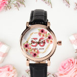 50th birthday white pink floral gold geometric watch<br><div class="desc">A trendy watch for a 50th birthday gift. With a faux gold hexagon geometrical shaped frame. Decorated with watercolored dahlia flowers in pink,  cream and coral. White background. Templates for a name,  age 50 and a date. Date of birth or date of the party. Burgundy and coral colored letters.</div>