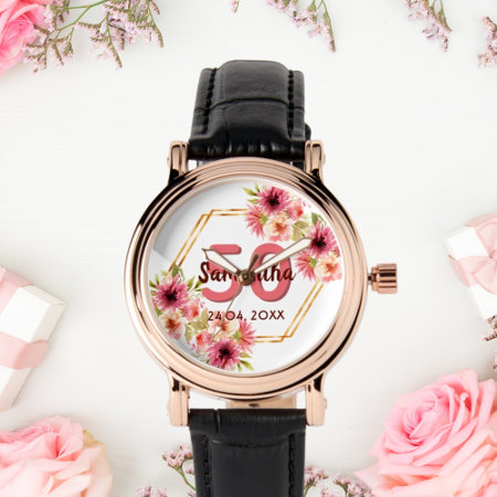 50th Birthday White Pink Floral Gold Geometric Watch