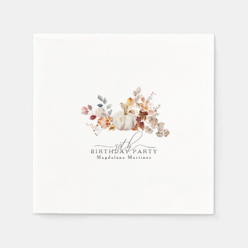 50th Birthday White Pumpkin Fall Flowers Custom Napkins