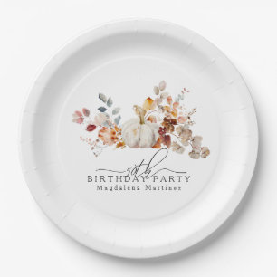 50th Birthday White Pumpkin Fall Flowers Custom Paper Plates