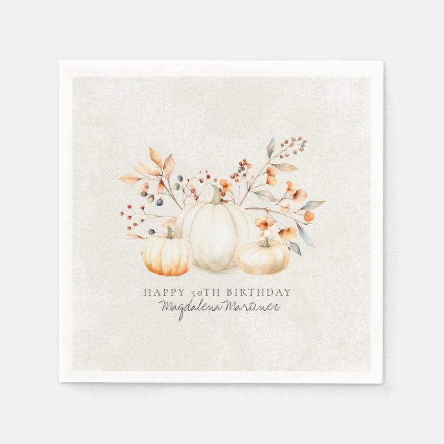 50th Birthday White Pumpkin Fall Leaves Custom Napkins (Front)