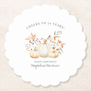 50th Birthday White Pumpkin Fall Leaves Custom Paper Coaster