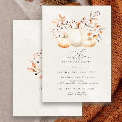 50th Birthday White Pumpkin Fall Leaves Elegant Invitation