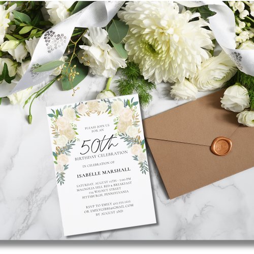 50th Birthday White Roses Floral Script Party  Invitation