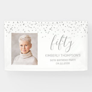 50th Birthday White Silver Confetti Photo Banner