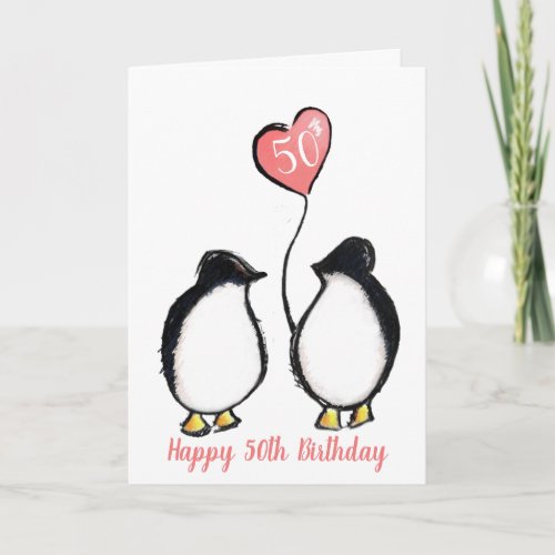 50th birthday wife penguin pink heart card