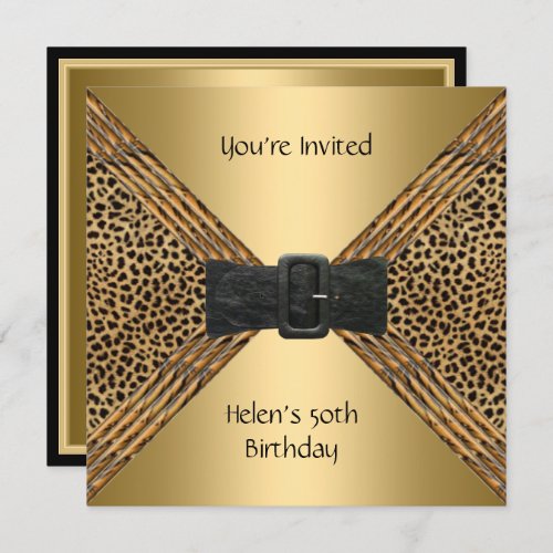 50th Birthday Wild Leopard Bamboo Black Gold Invitation