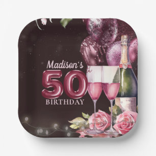 50th Birthday Wine & Balloons Personalized Paper Plates