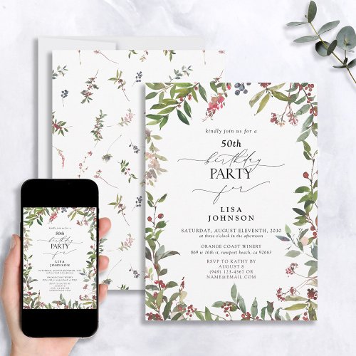 50th Birthday Winter Wildflower Berry Watercolor Invitation