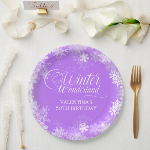 50th Birthday Winter Wonderland Snowflake Purple Paper Plates