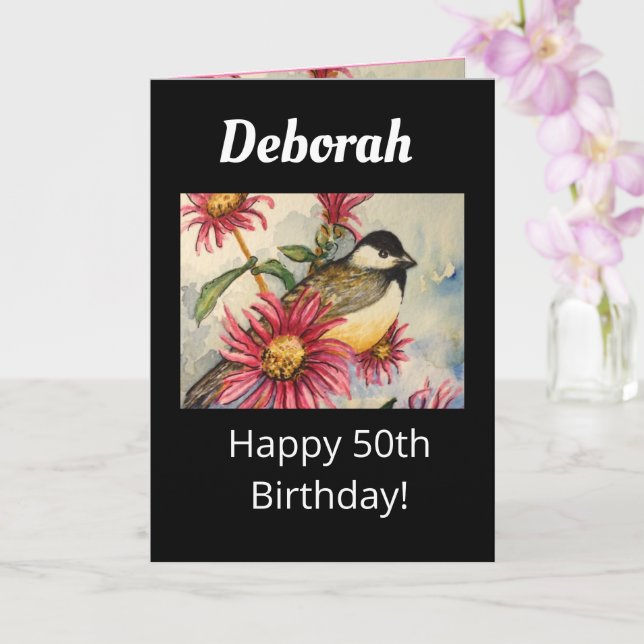 50th Birthday Wish Sweet Chickadee Flower Card (Orchid)