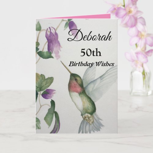 50th Birthday Wishes Elegant Hummingbird Flower Card