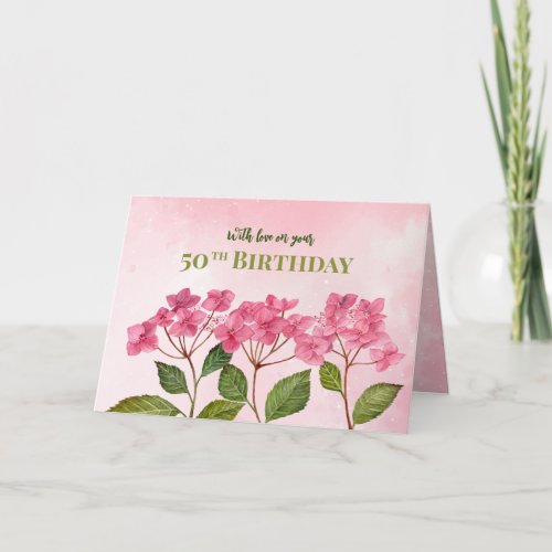 50th Birthday Wishes Pink Hydrangea Watercolor Card