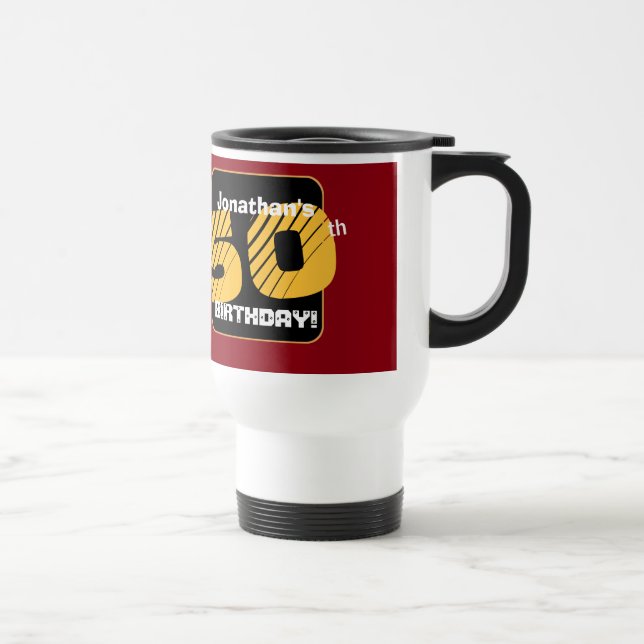 50th Birthday with Custom Name Striped Number A08 Travel Mug (Right)