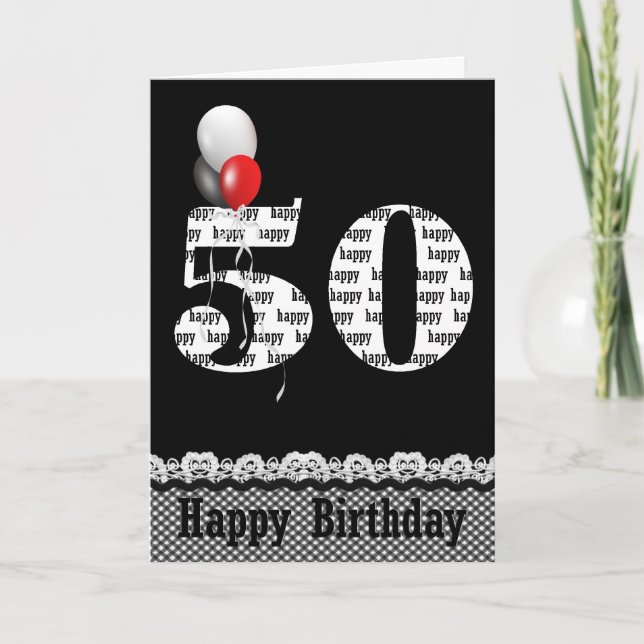 50th Birthday with Gingham Border Card (Front)
