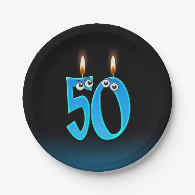 50th Birthday with lit candle numbers Paper Plates (Front)