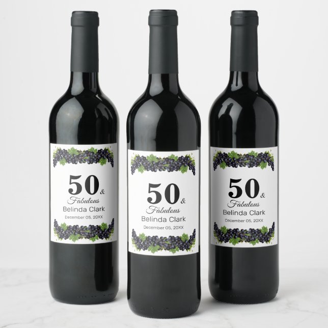 50th Birthday with Purple Grapes Wine Label (Bottles)