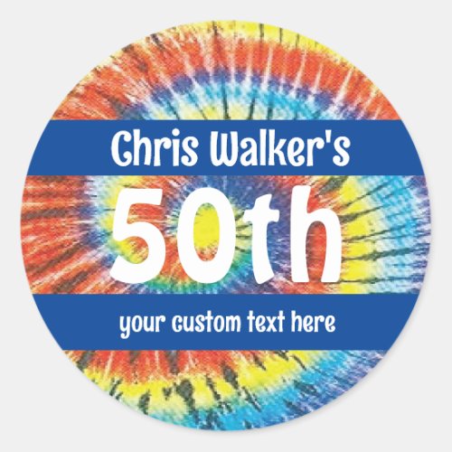 50th birthday with retro tie dye and name classic round sticker