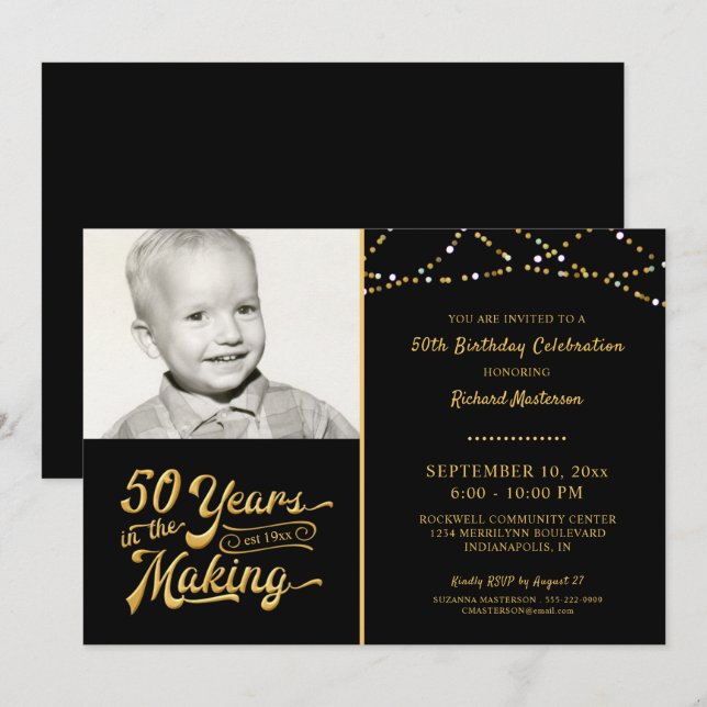 50th Birthday YEARS IN THE MAKING Black Gold Invitation (Front/Back)