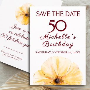 50th Birthday Yellow Flower, Elegant Save the Date