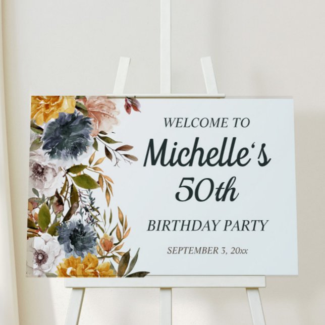 50th Birthday Yellow Navy Blue Floral Welcome Foam Board (Mustard yellow and navy blue watercolor floral 50th birthday party welcome sign.)