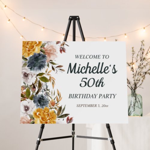 50th Birthday Yellow Navy Blue Floral Welcome Foam Board