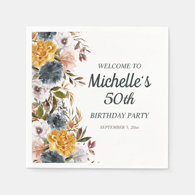 50th Birthday Yellow Navy Blue Floral Welcome  Napkins (Front)