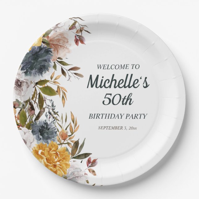 50th Birthday Yellow Navy Blue Floral Welcome   Paper Plates (Front)