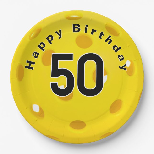 50th Birthday Yellow Pickleball Paper Plates (Front)
