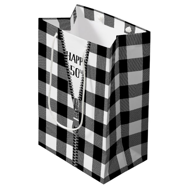 50th Birthday Zipper On Buffalo Plaid Medium Gift Bag (Front Angled)