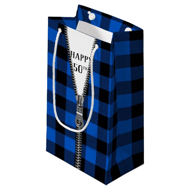 50th Birthday Zipper On Buffalo Plaid  Small Gift Bag (Front Angled)