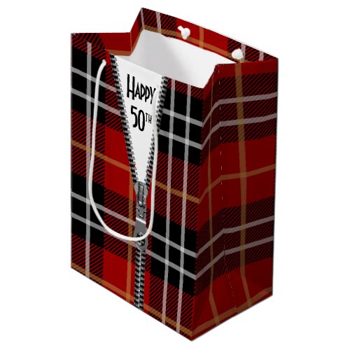 50th Birthday Zipper On Tartan Plaid Medium Gift Bag