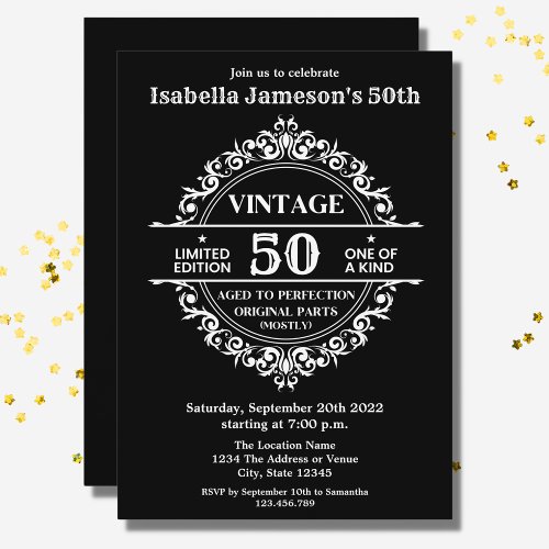 50th Black and White Vintage Themed Birthday Invitation