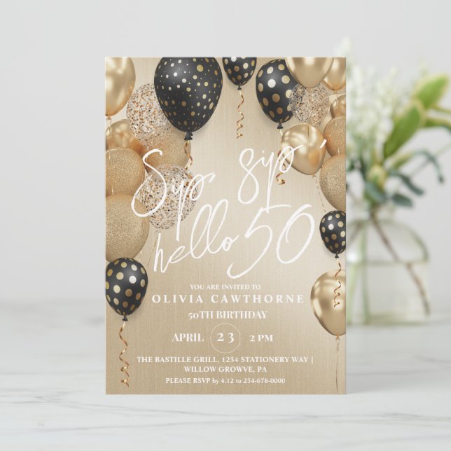 50th Black Gold Balloons Birthday Party Invitation (Standing Front)