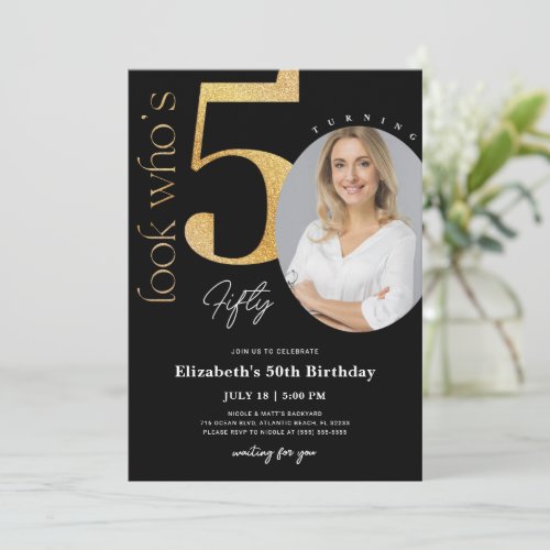 50th Black Gold Birthday Invitation with Photo