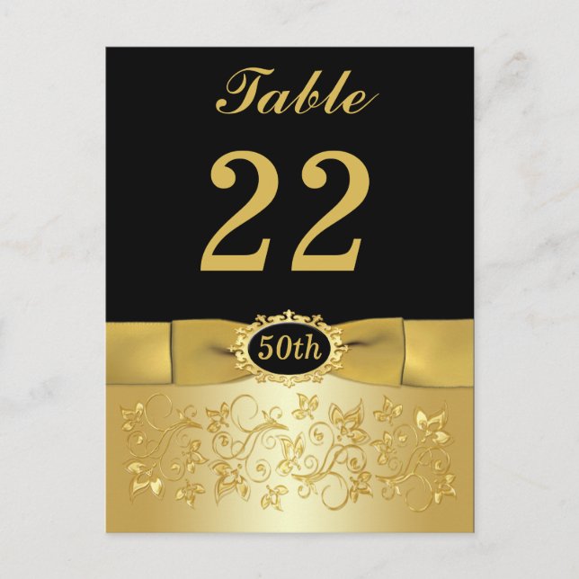 50th Black Gold Floral Table Number Post Card (Front)
